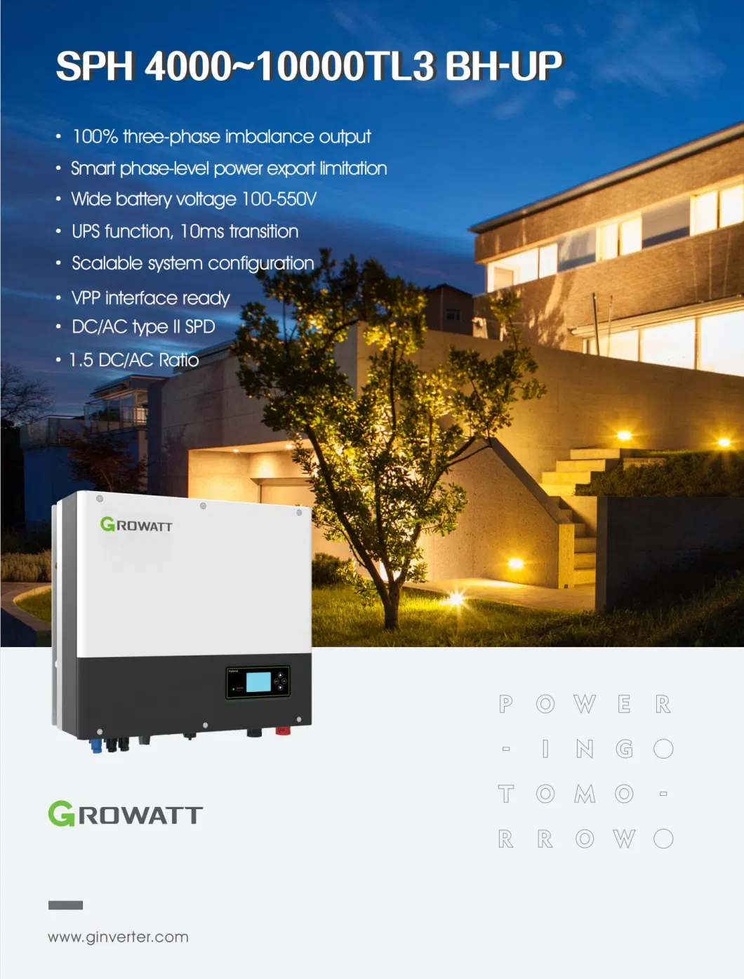 Growatt Solar Hybrid Inverter Sph 10000tl3-Bh up 4kw 5kw 6kw 8kw 10kw Storage Energy Inverter System with LiFePO4 Battery