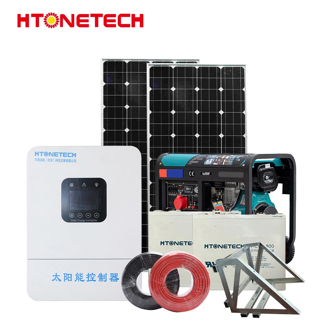 Htonetech 500W off Grid Solar System Manufacturers China 5kwh 10kwh 15kwh 34kwh Mono 5X5 Solar Cell 186f Diesel Generator Home Solar System Hybrid Complete Kit