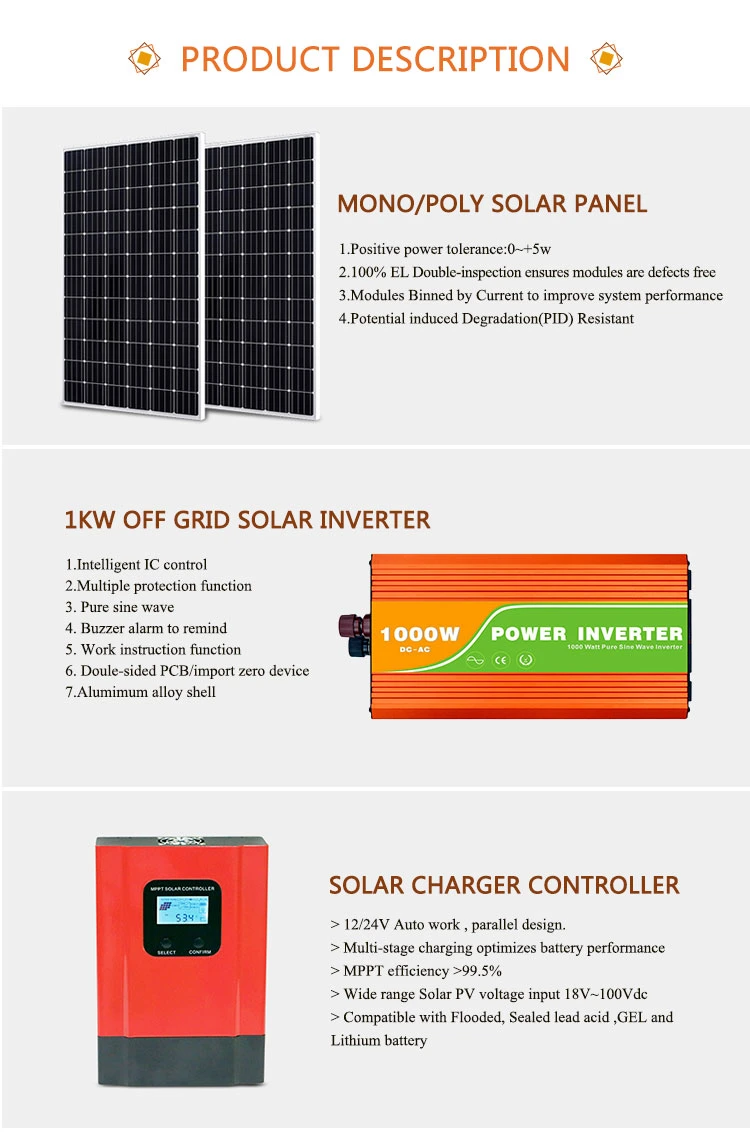 Easy Install Complete Kit off-Grid 1000 W 1kw 1.5kw Portable Solar Home Power System