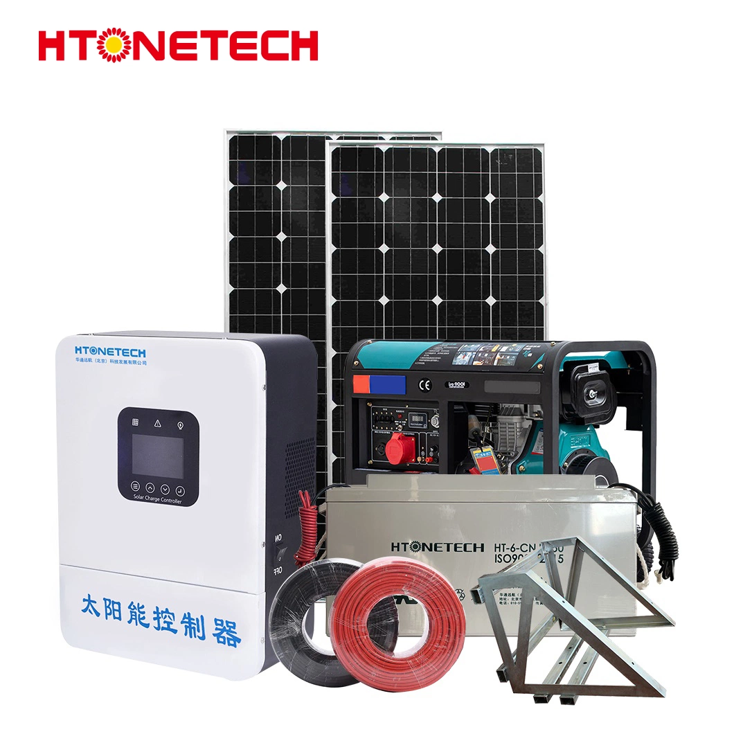 Htonetech 500W off Grid Solar System Manufacturers China 5kwh 10kwh 15kwh 34kwh Mono 5X5 Solar Cell 186f Diesel Generator Home Solar System Hybrid Complete Kit