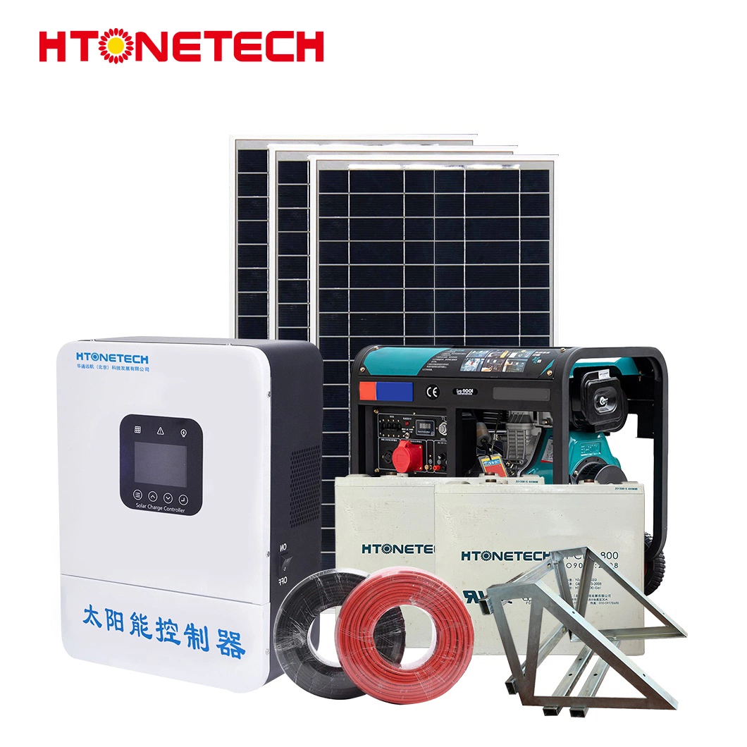 Htonetech 500W off Grid Solar System Manufacturers China 5kwh 10kwh 15kwh 34kwh Mono 5X5 Solar Cell 186f Diesel Generator Home Solar System Hybrid Complete Kit