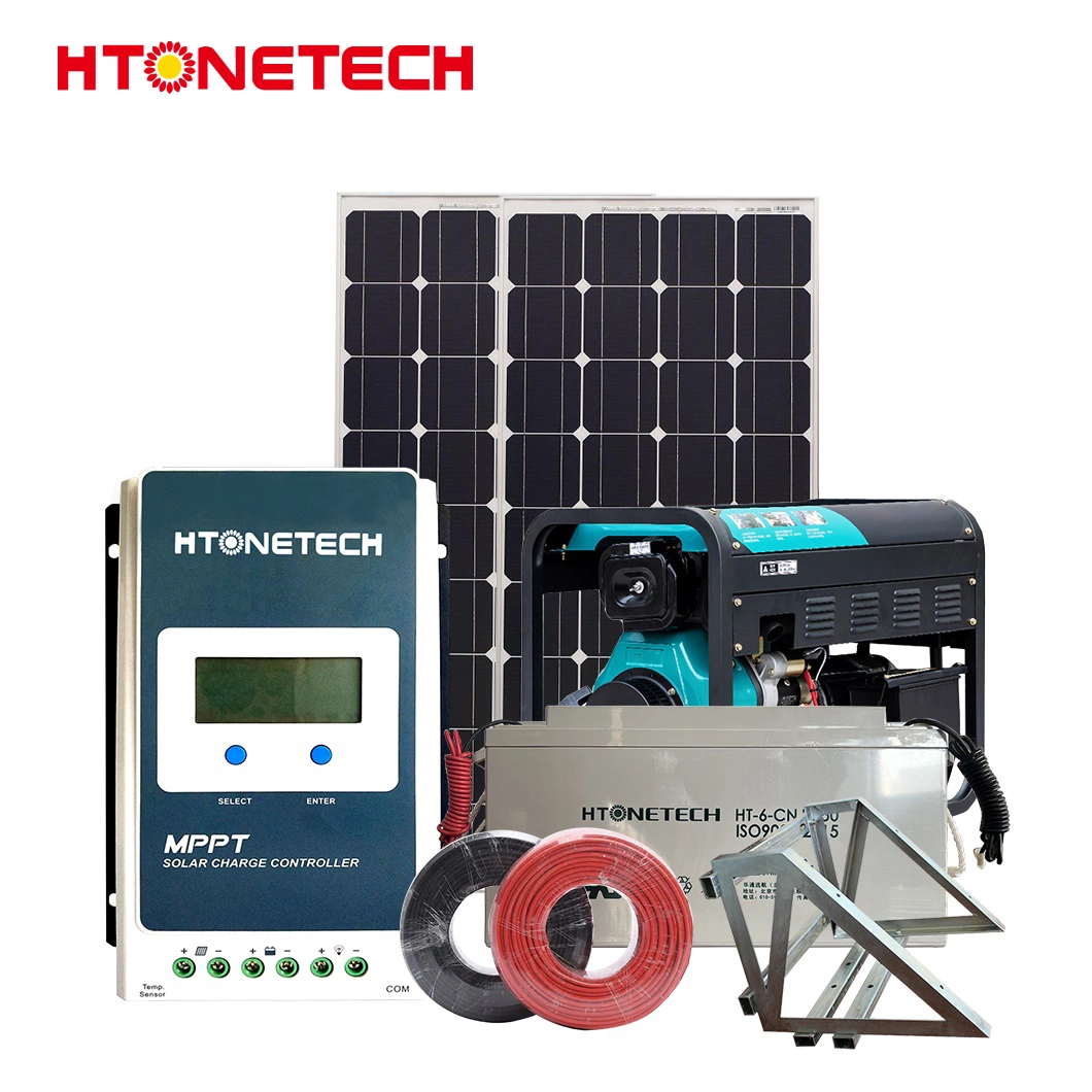 Htonetech 500W off Grid Solar System Manufacturers China 5kwh 10kwh 15kwh 34kwh Mono 5X5 Solar Cell 186f Diesel Generator Home Solar System Hybrid Complete Kit