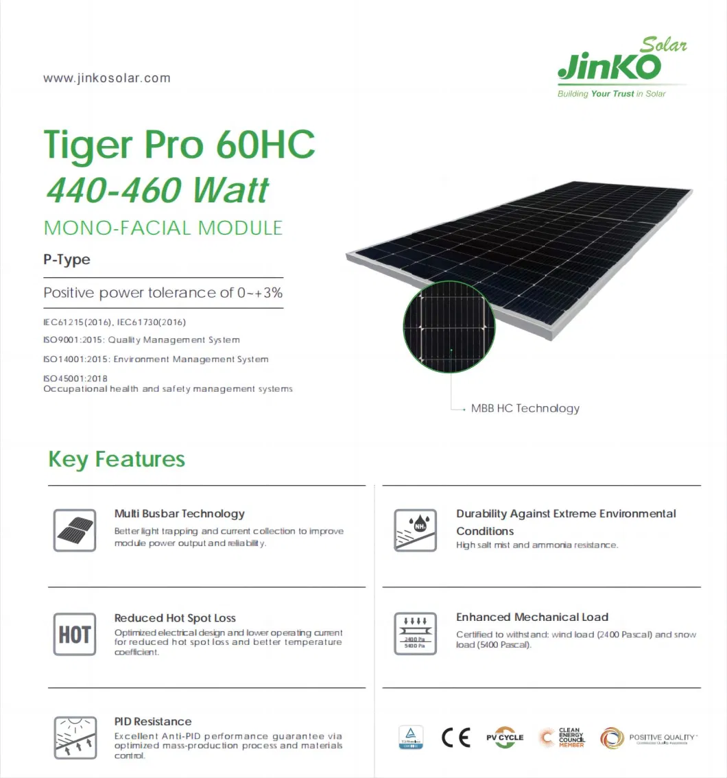 EU Stock Jinko Hot Sale Solar 440W 445W 450W 455W 460W Monocrystalline Half-Cell Solar Panels with 25years Guarantee