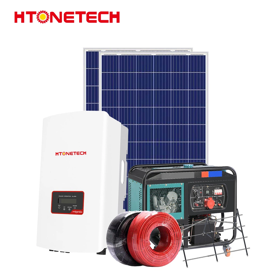 Htonetech 185W Monocrystalline Silicon Solar Panel 5kw 3 Phase Hybrid Solar Inverter China Fuse Holder Solar Power System with 3000 Kw Diesel Generator