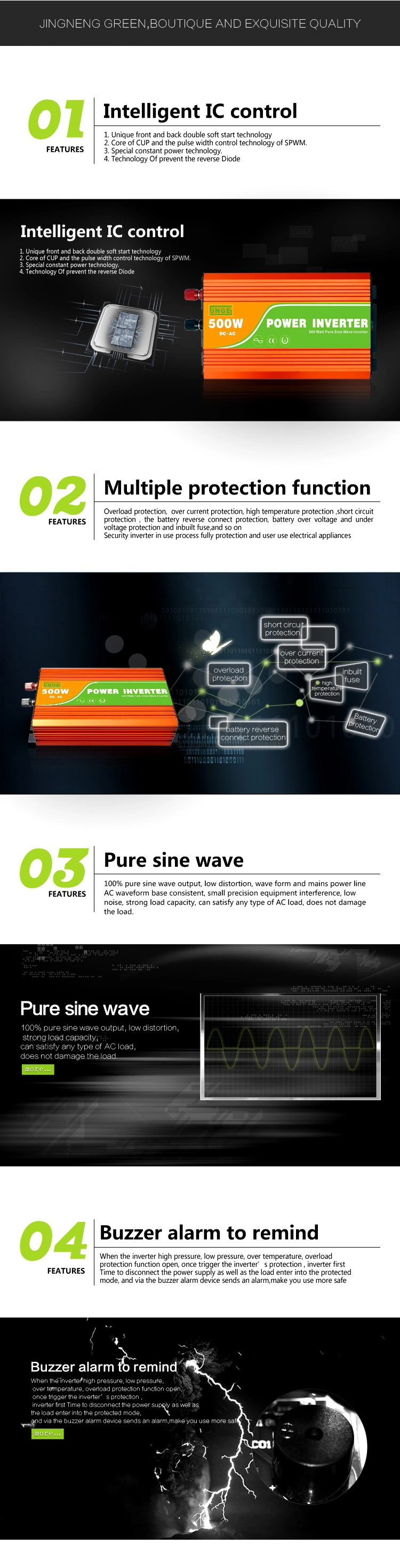 JNGE factory sale 12VDC 220VAC 500W pure sine wave solar inverter