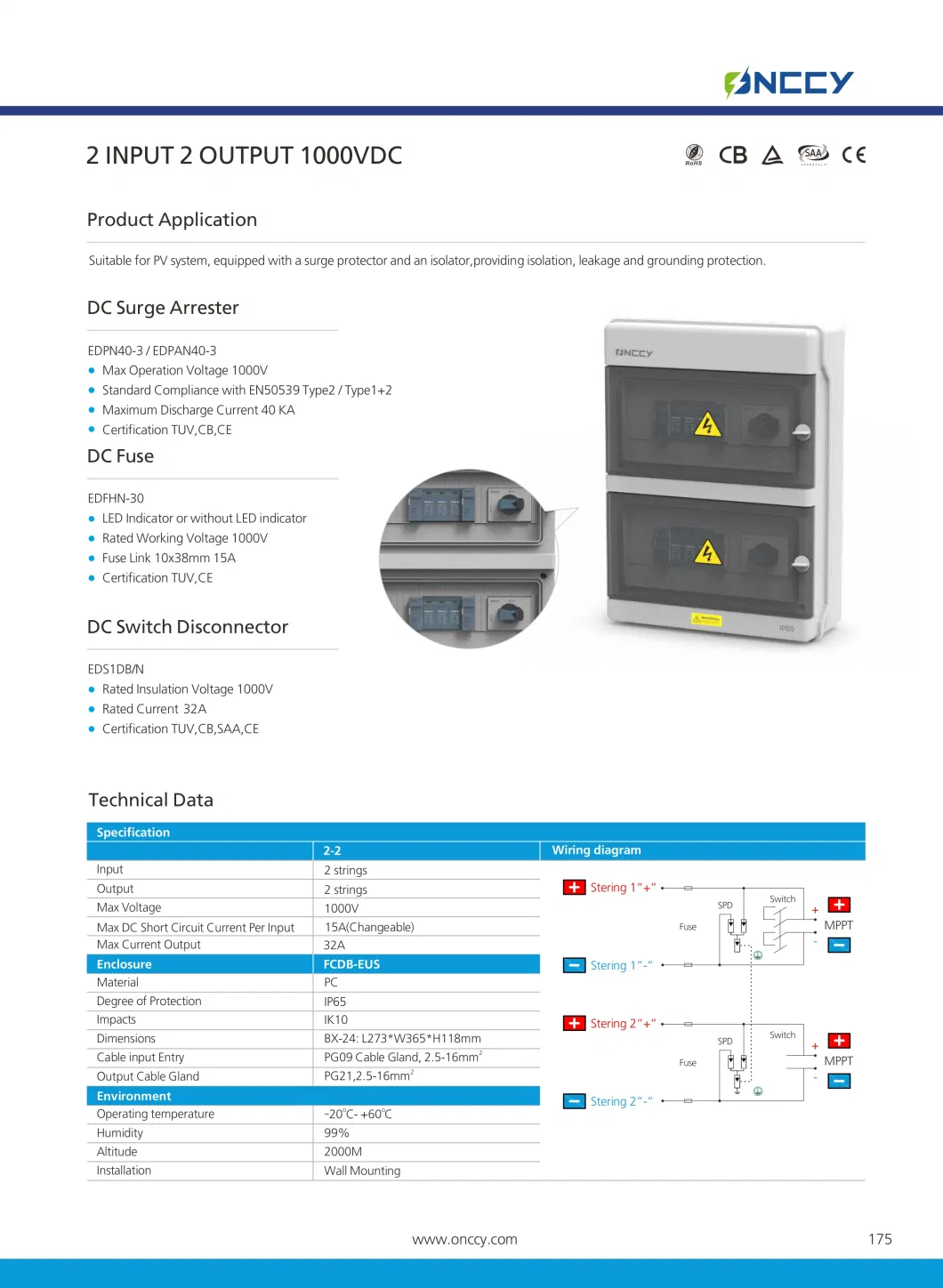 Onccy 2 in 2 out Waterproof Solar Junction Combiner Box for PV