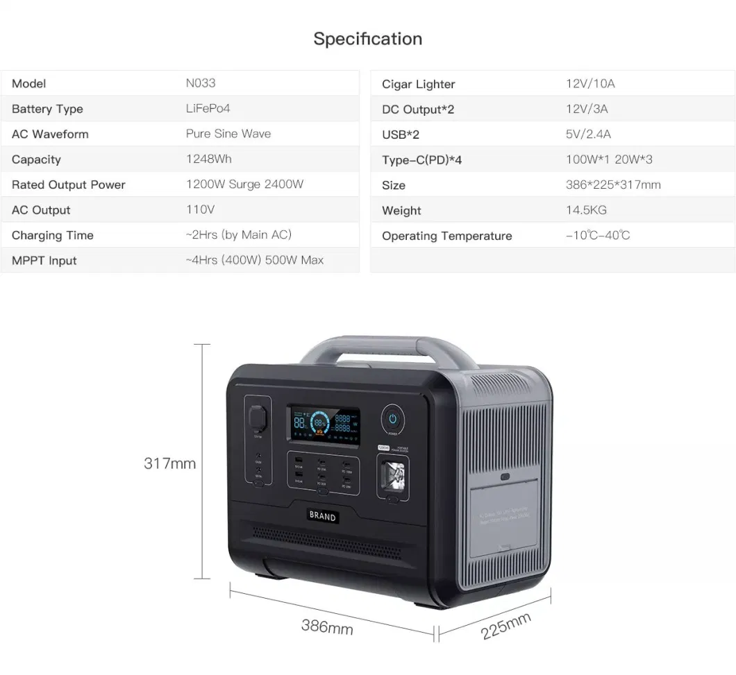 Outdoor Emergency LiFePO4 1200W Portable Power Station Lithium Battery Power off-Grid