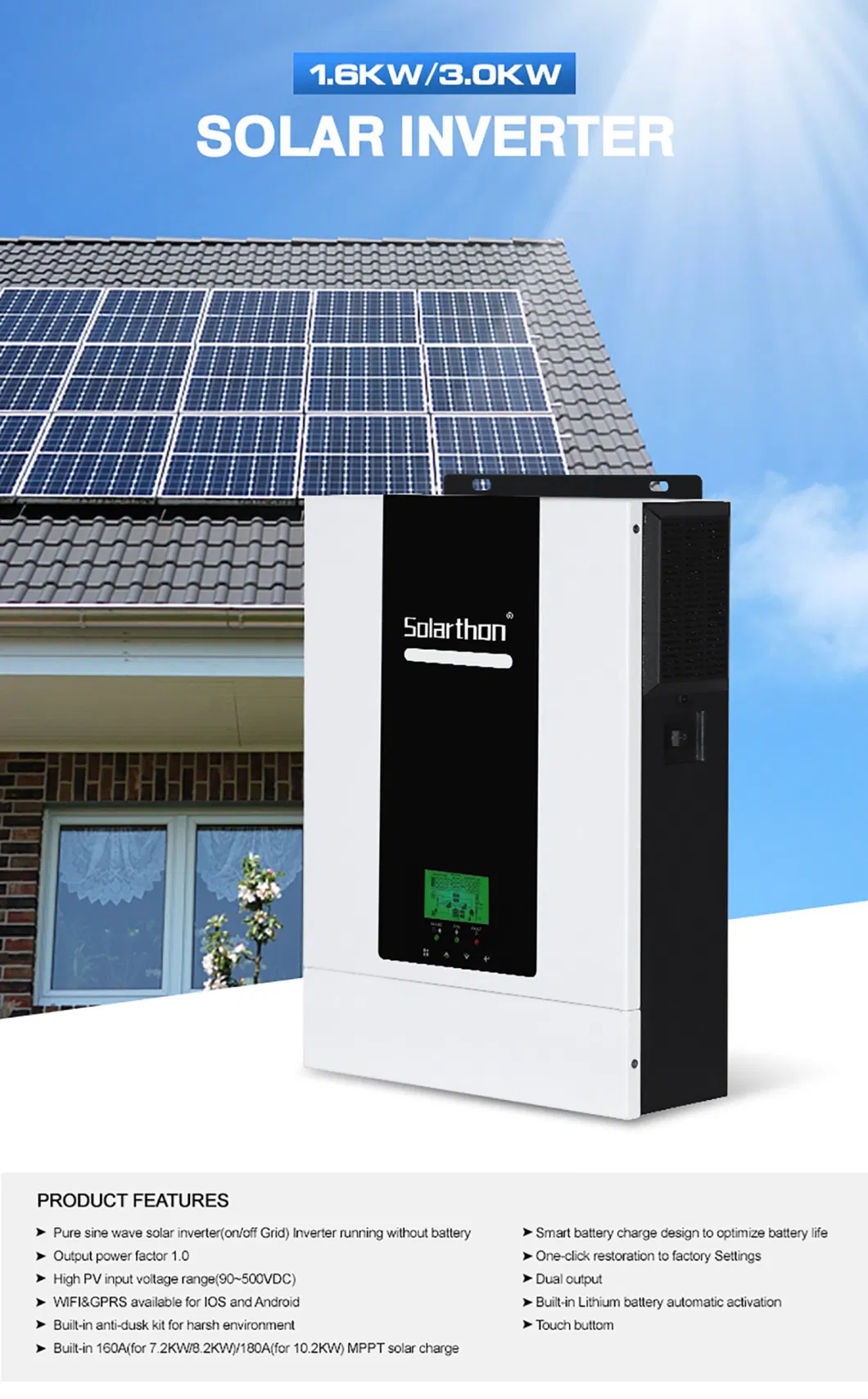 Solarthon Hybrid Solar Power Inverter 1.6kw 3kw 3.5kw 5.5kw on off-Grid Home Energy Storage Solar System Pure Sine Wave Combined with CE RoHS Certificate