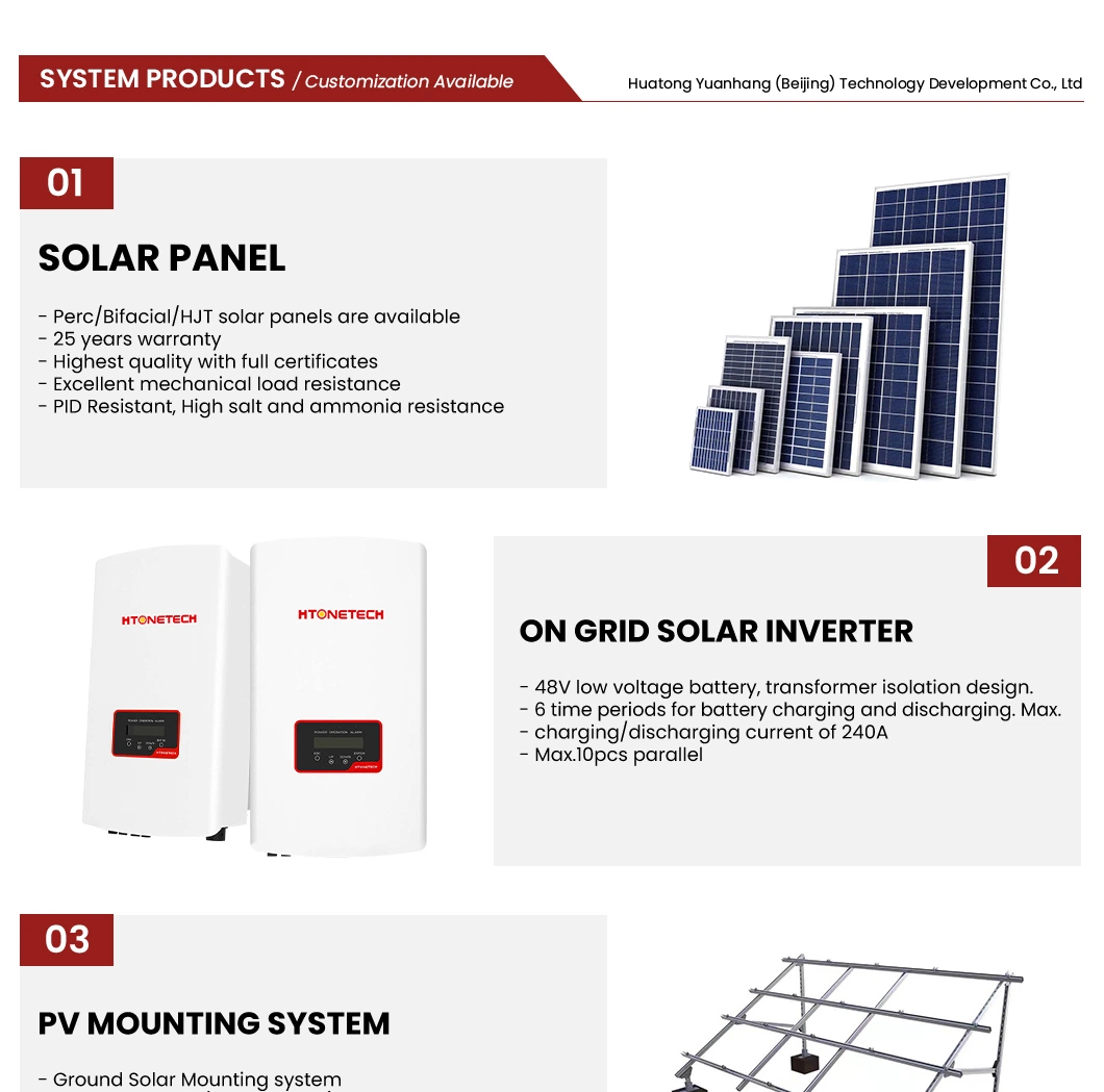 Htonetech 185W Monocrystalline Silicon Solar Panel 5kw 3 Phase Hybrid Solar Inverter China Fuse Holder Solar Power System with 3000 Kw Diesel Generator