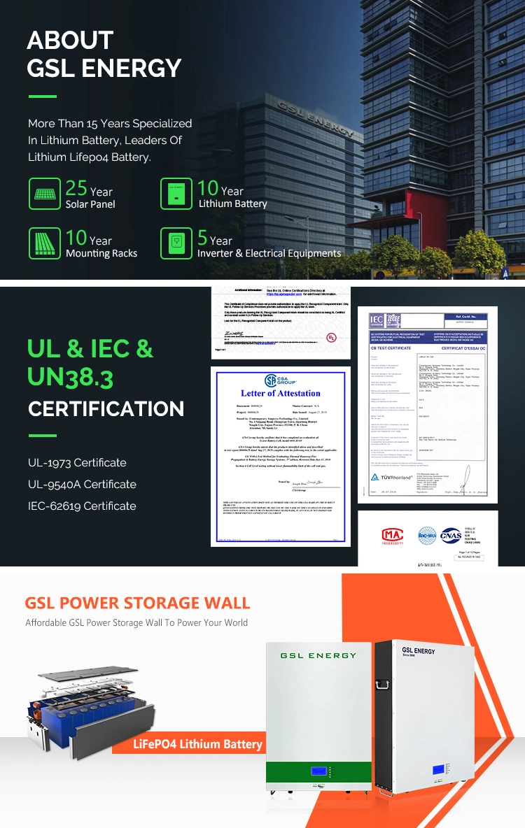 Gsl Energy 10 Years Warranty 48V 100ah 200ah 400ah 5kwh 10 Kw 20kwh Powerwall Lithium Battery for Solar Energy System