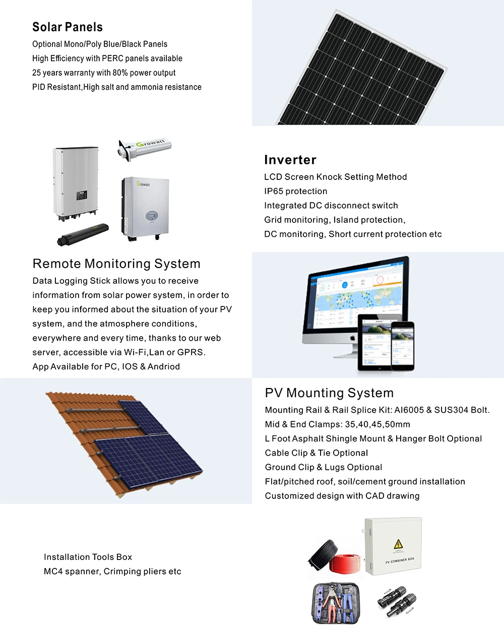 Home Rooftop System 1kw 3kw 5kw 10kw PV Power Solar Panel