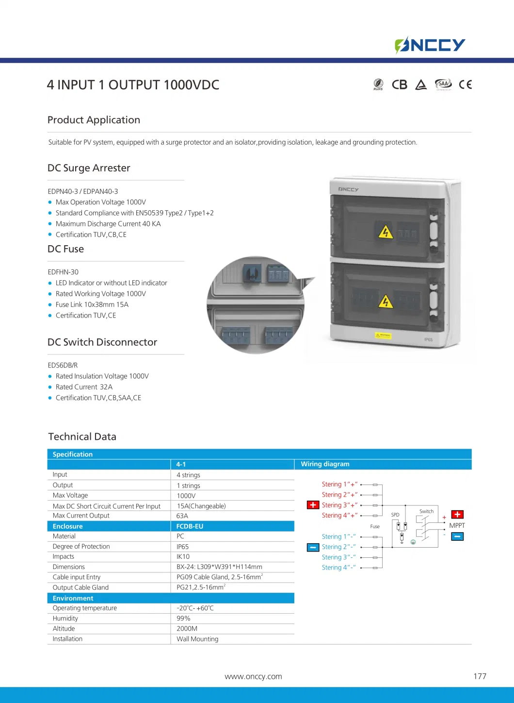 Onccy 2 in 2 out Waterproof Solar Junction Combiner Box for PV