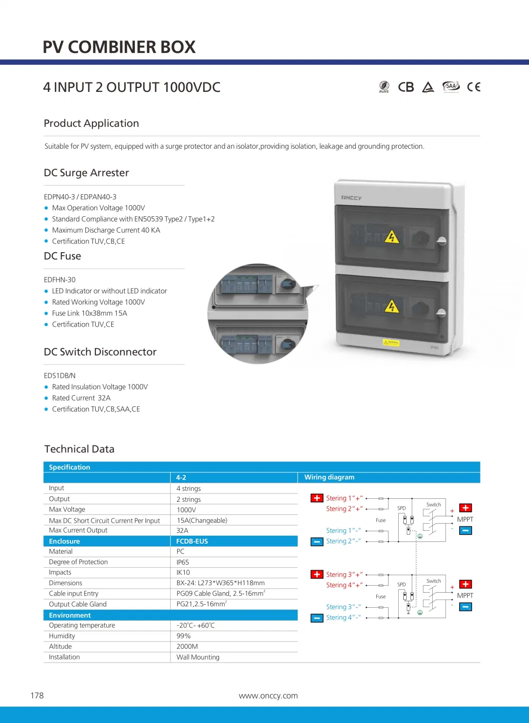 Onccy 2 in 2 out Waterproof Solar Junction Combiner Box for PV