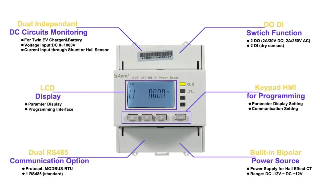 Acrel LCD DIN Rail 0-1000V Input DC Digital Energy Meter Work with Shunt /Hall Sensor for Charging Pile and Solar PV Support Two DC Metering Djsf1352-Rn