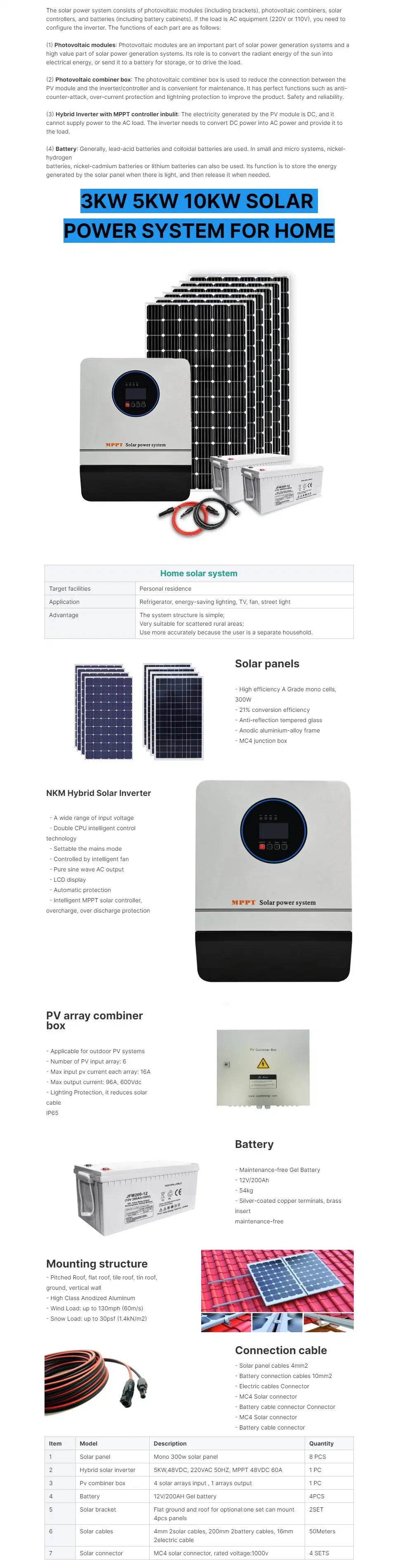 Factory Price Home Use off Grid 3kw 5kw 7kw 10kw LiFePO4 Battery Panel Inverter Solar Energy System