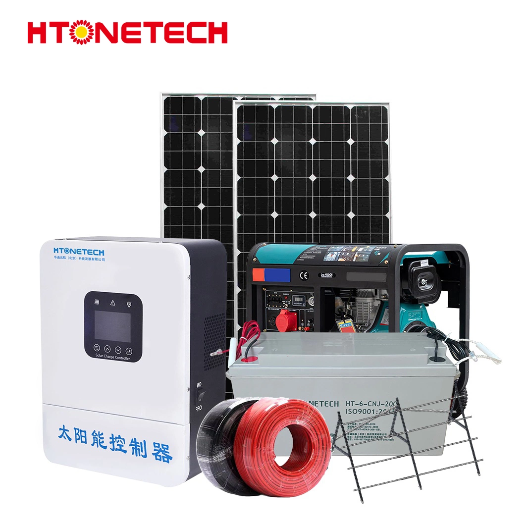 Htonetech 15 Kw off Grid Solar Power System Suppliers China 5kw 10kw 25kw 30W 43kw Monocristal Mini Solar Panel 6kVA Diesel Generator Hybrid System Solar Kit