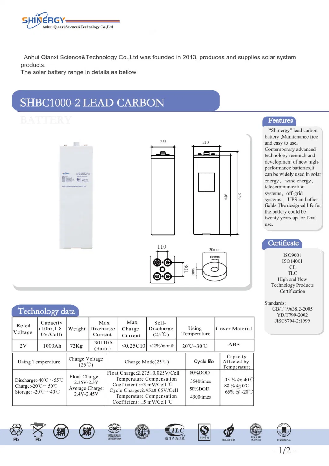 2V 1000ah Lead Acid Gel Rechargeable Solar Storage Battery Solar Energy Solar Power Solar System off-Grid Solar