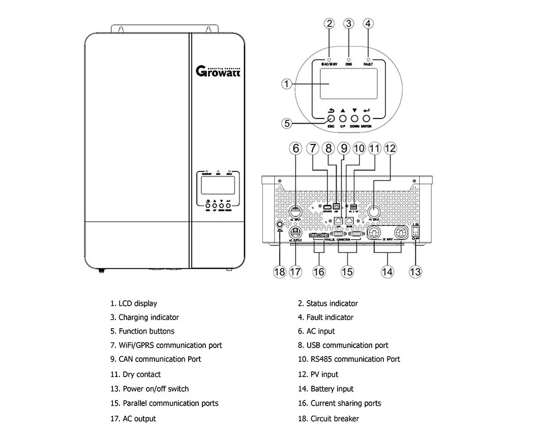 Growatt SPF 5000es Hybrid off Grid Inverter 3500W 5000W 3kw 5kw 10kw Solar Inverter