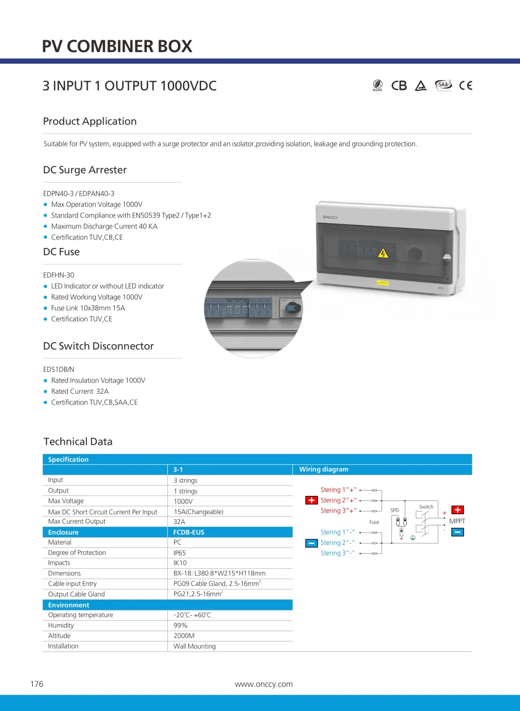 DC Solar Combiner Box Junction Box Waterproof IP66 for Photovoltaic Solar Panels