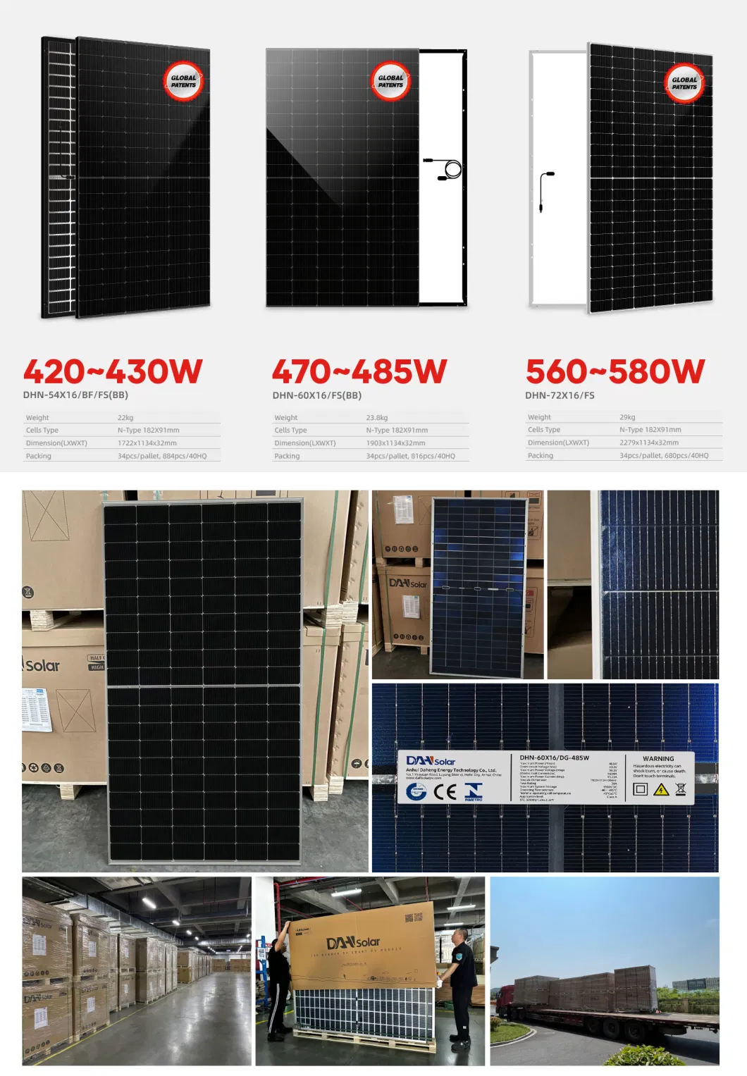 Dah Solar Topcon Half-Cut 470 Watt 480W Full Screen Solar Panels