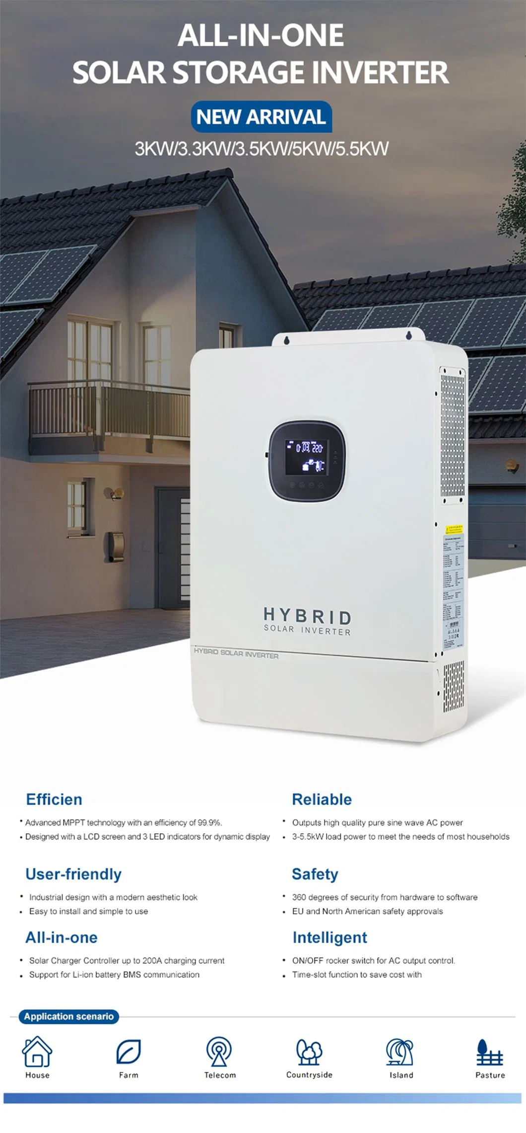 High Frequency Pure Sine Wave 3kw off-Grid Solar Power System Reverse Control All in One MPPT PV Solar Hybrid Inverter Home Battery Storage System 5kw