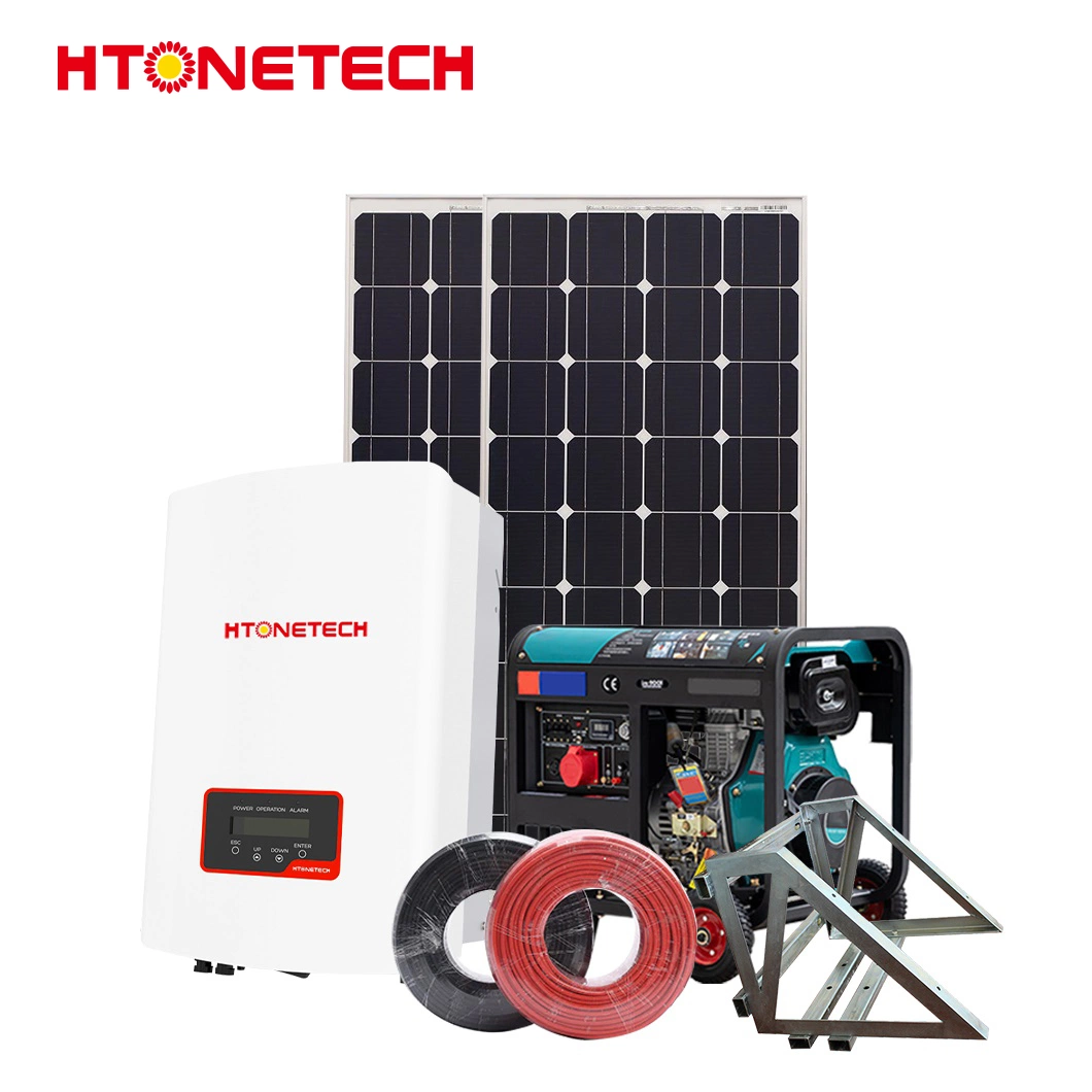 Htonetech 185W Monocrystalline Silicon Solar Panel 5kw 3 Phase Hybrid Solar Inverter China Fuse Holder Solar Power System with 3000 Kw Diesel Generator