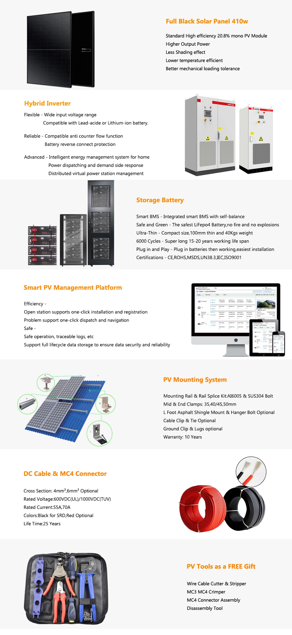 Orders Installation 1000watt 3 Kw 5kw 10kw 20kw Portable Generator Kit off Grid Hybrid Solar Panel Power Energy System for Home