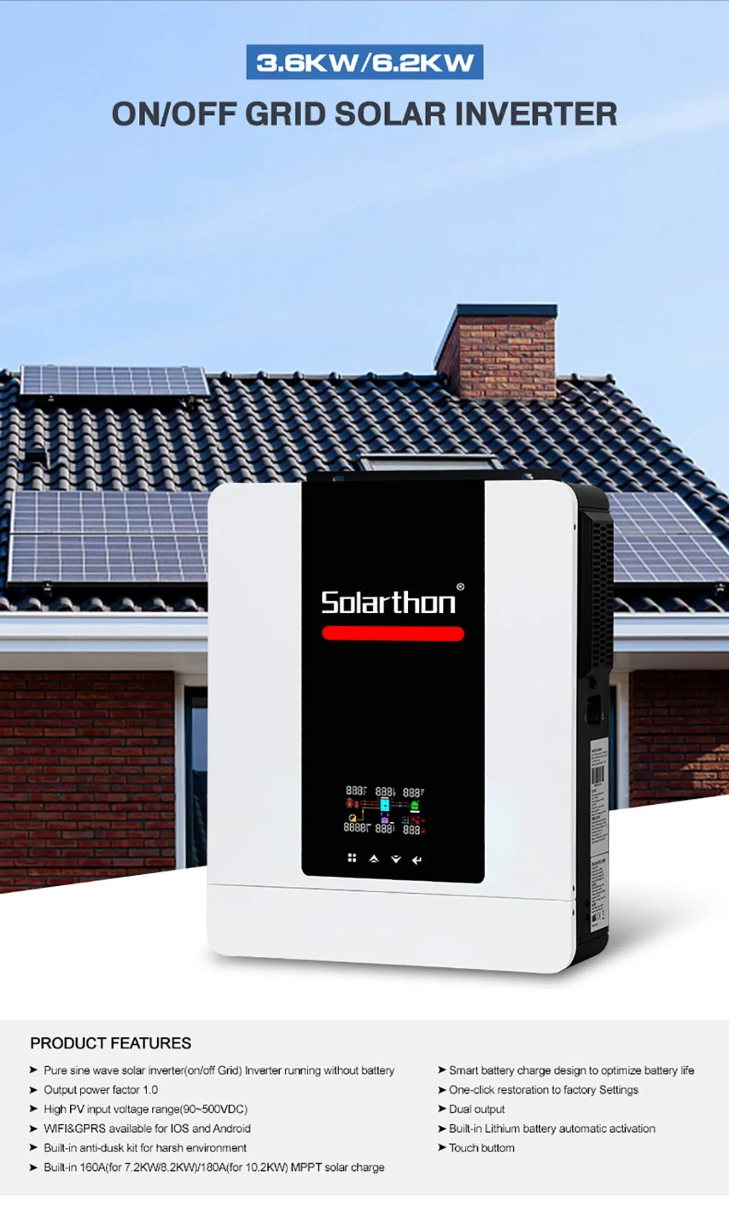 Solarthon off Grid Hybrid Inverter Single Phase 7.2kw 8.2kw 10.2kw MPPT Pure Sine Wave Solar Inverter Price