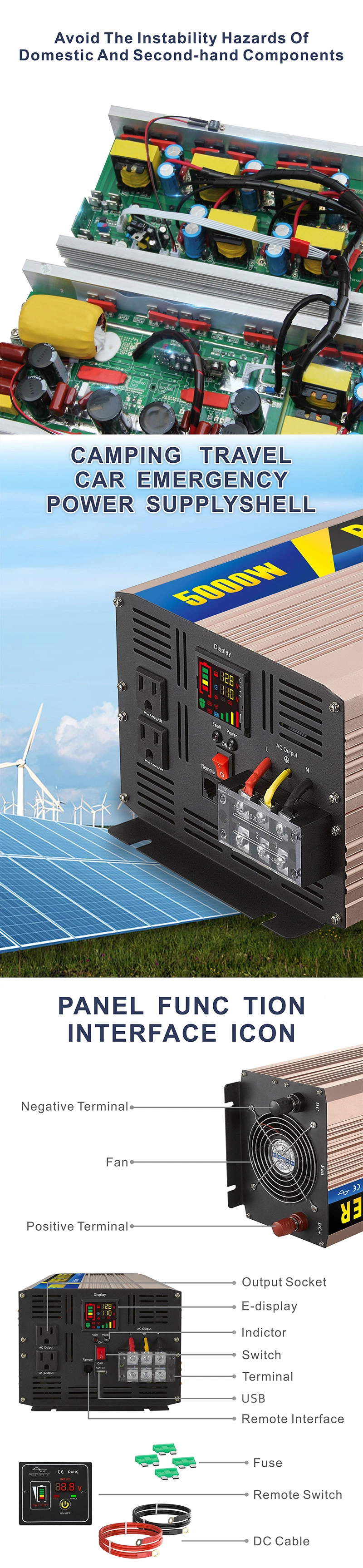 Factory Price 5000watt/5kw 12V/24V/48V DC to AC 110V/220V UPS Pure Sine Wave Solar Power Inverter for Home/Car