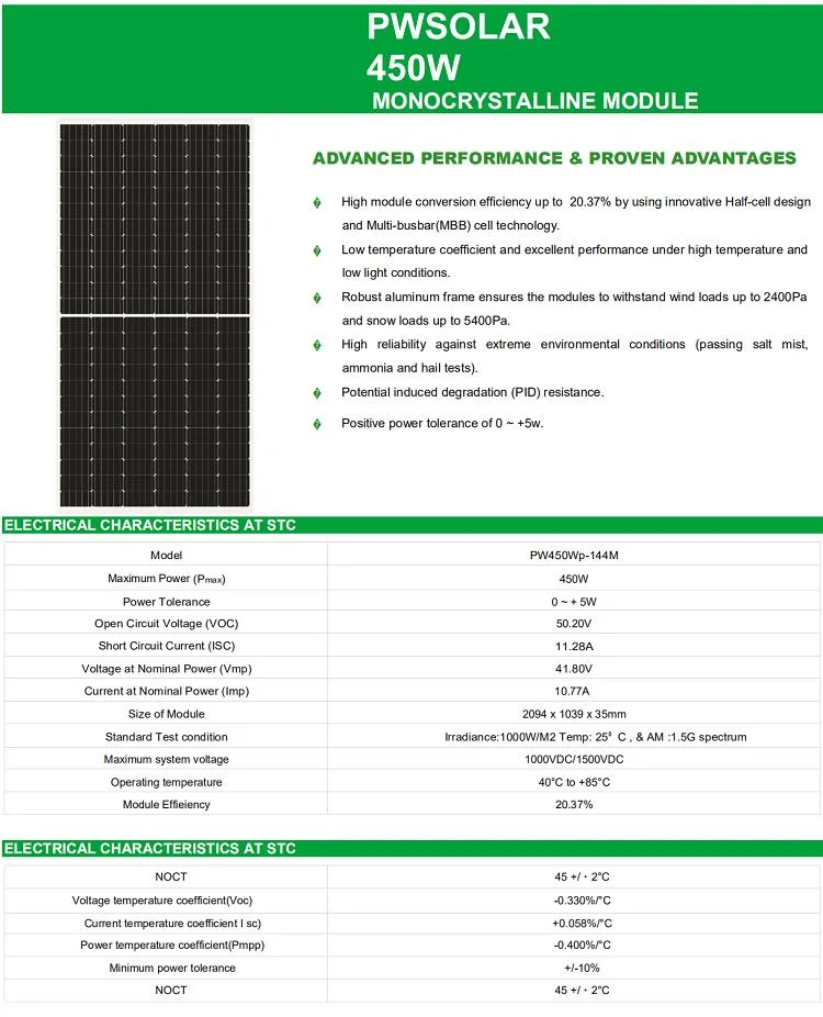 Best Price Monocrystalline Solar Panel 400W 450 Watt Photovoltaic Module Home Solar Power System Price