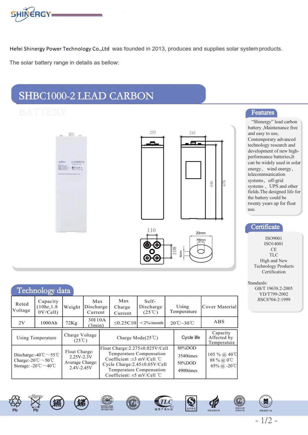 2V 1000ah Lead Acid Gel Rechargeable Solar Storage Battery Solar Energy Solar Power Solar System off-Grid Solar