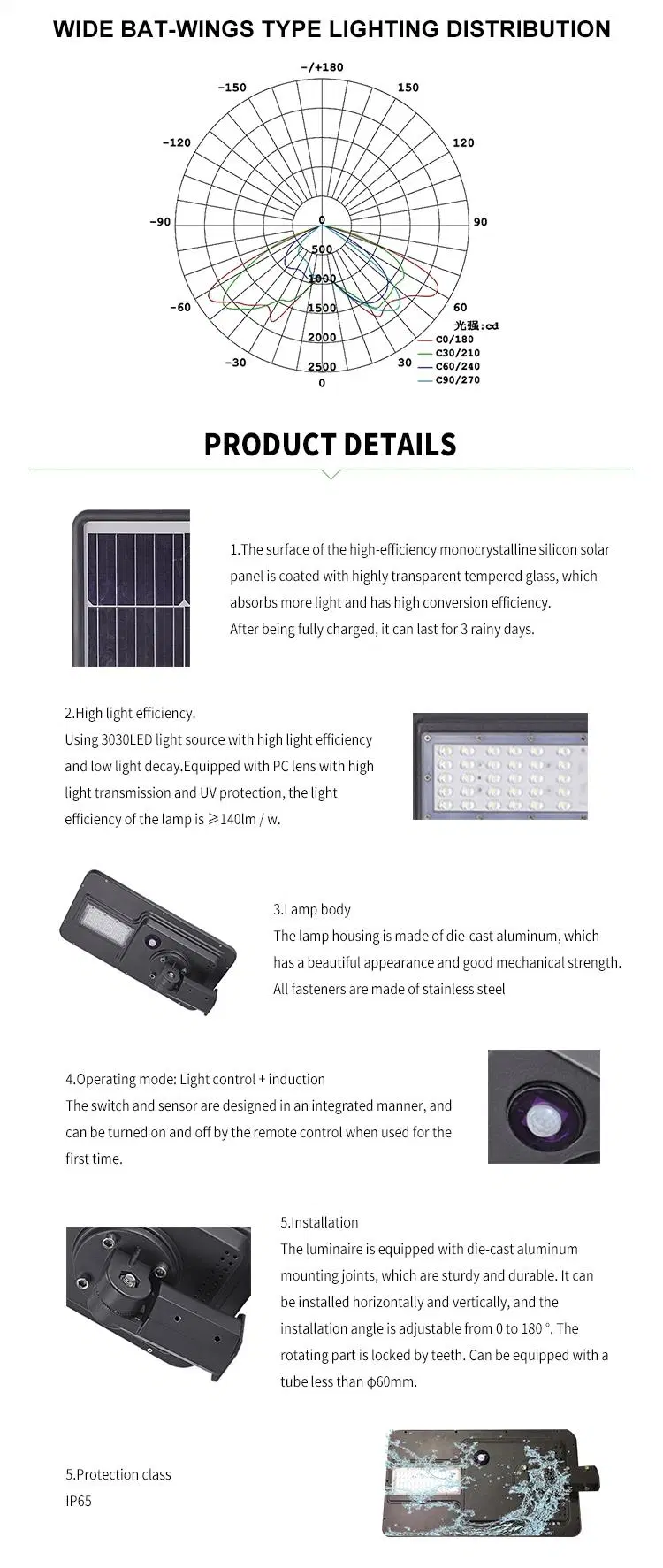 3years Warranty 50, 000 Hours High Brightness 40W 60W 120W 180W Aluminium Garden Outdoor Waterproof IP65 Street Light All in One Smart LED Solar Light