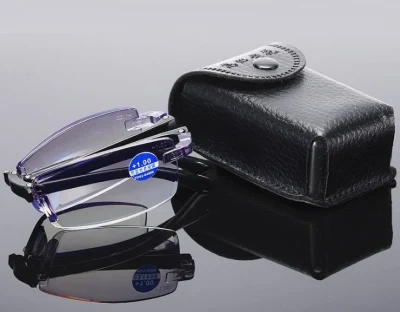 New Folding Diamond Cut Edge Anti-Blue Light Reading Glasses Men′s Frameless HD Coated Reading Glasses with Mirror Box Spot