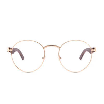 Round Retro Vintage Classic Metal Stainless Steel Rim Frame Wooden Wood Temple Spring Hinge Eyewear Designer Optical Glasses Frames