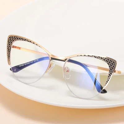 Wholesale New Cat Eye Metal Half Frame Fashion Women′s Flat Light Mirror Blue Light Eye Protection Lens Frame Glasses