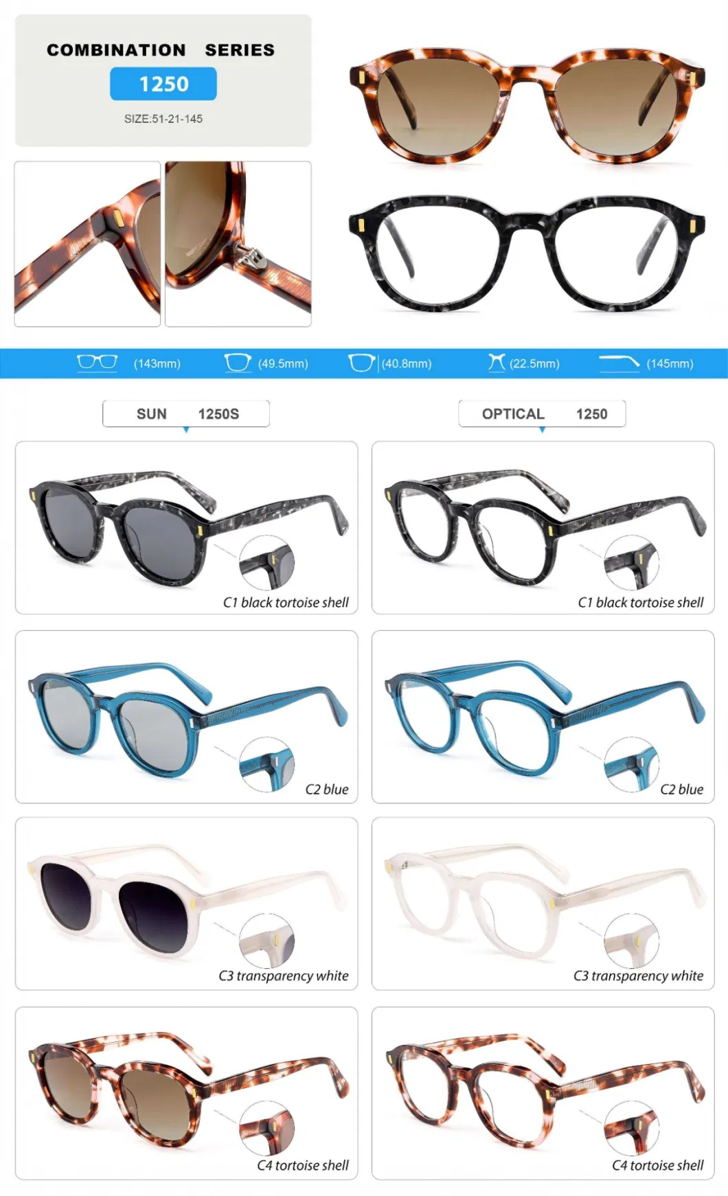 Designer Style Elegant Sun Shades Luxury Combination Acetate Sunglasses for Unisex