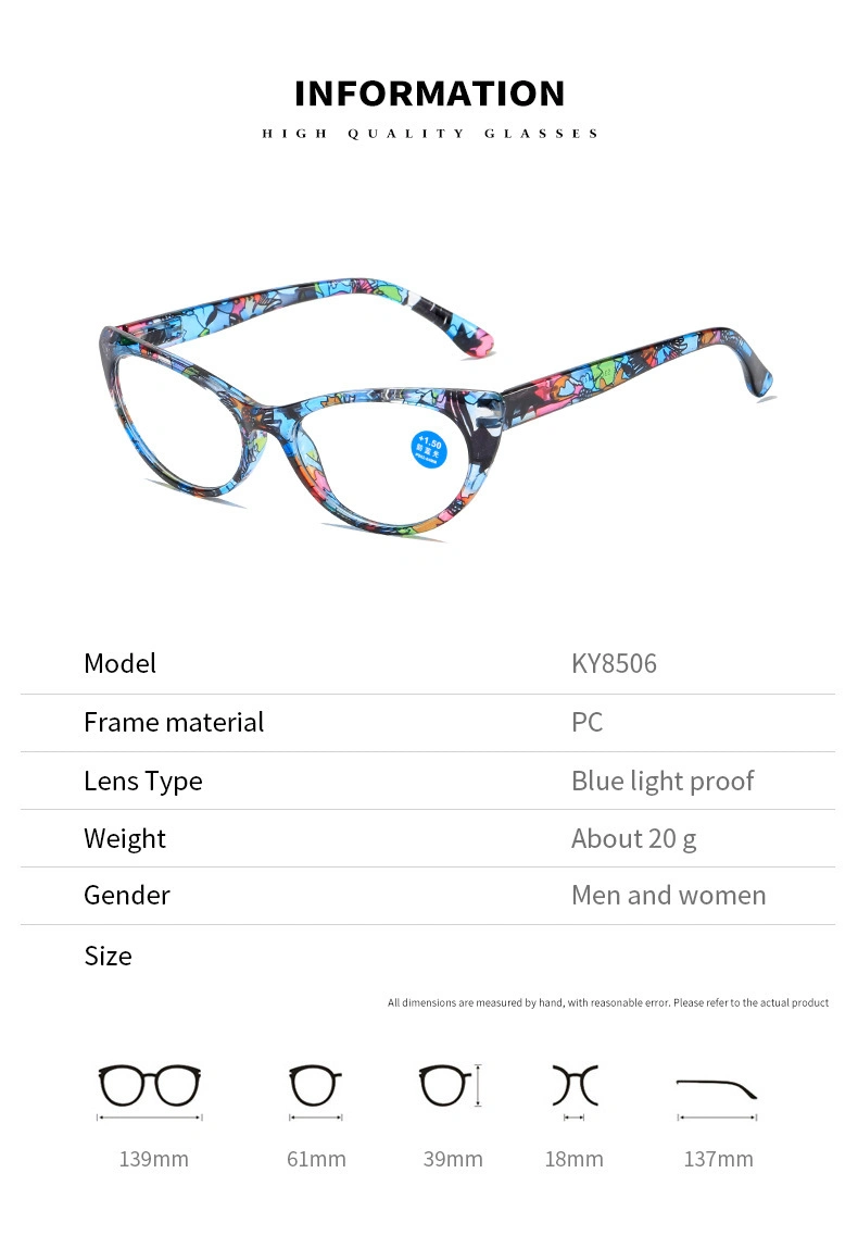 Ready to Ship Fashionable Comfortable Cat Eye Floral Frame Anti Blue Light Eyewear Women Colorful Reading Glasses