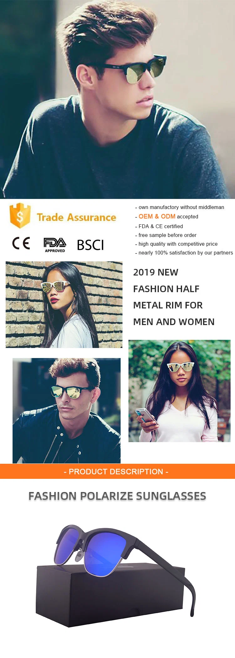 Guangzhou Wholesale Half Metal Frame Mens Plastic Polarized Sunglasses