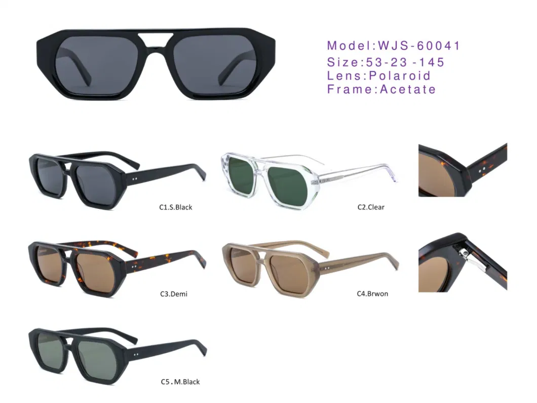 Acetate Geometric Shades Polarized Double Bridge Fashion UV400 Block Sunglasses
