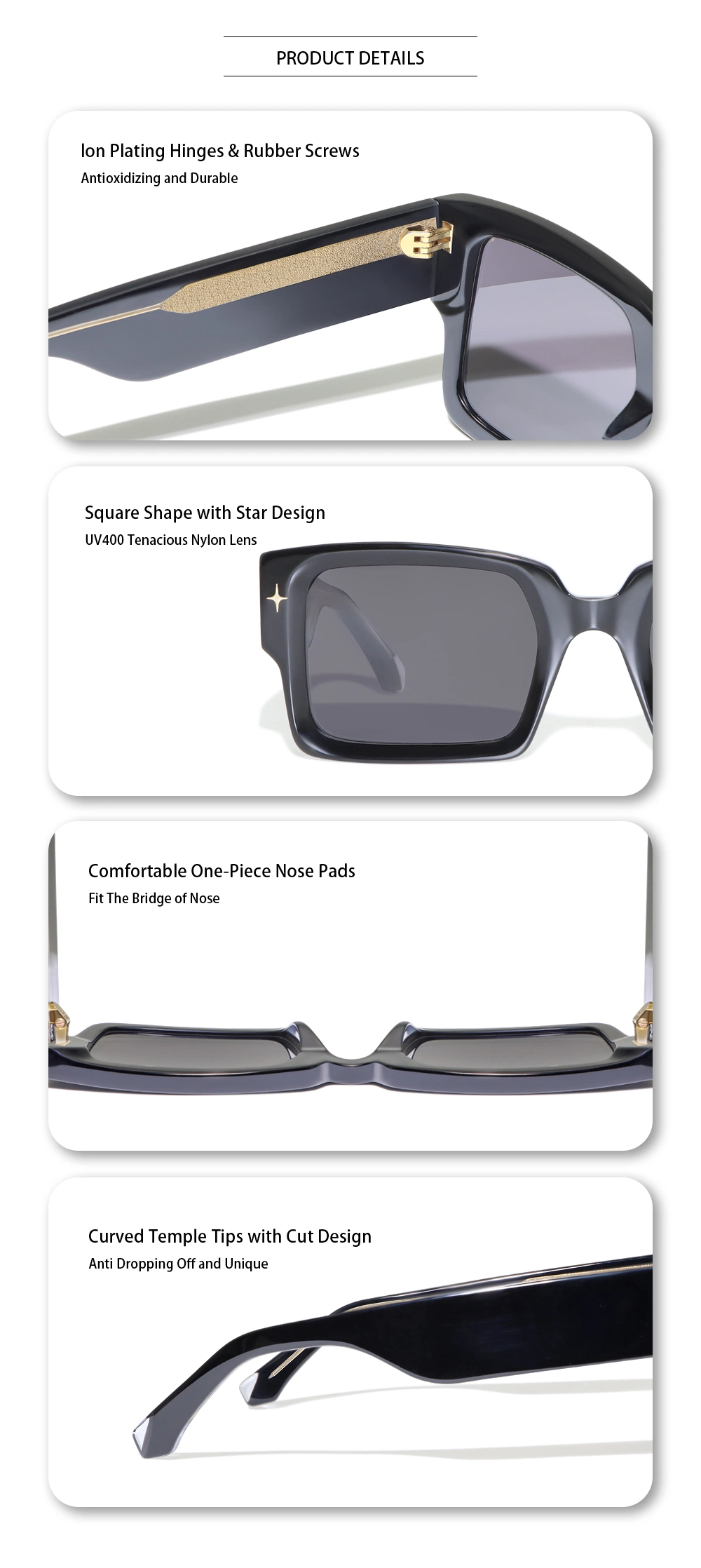 Yeetian Unisex Vintage Designer Black Big Square Frame Acetate Outdoor Shades for Men