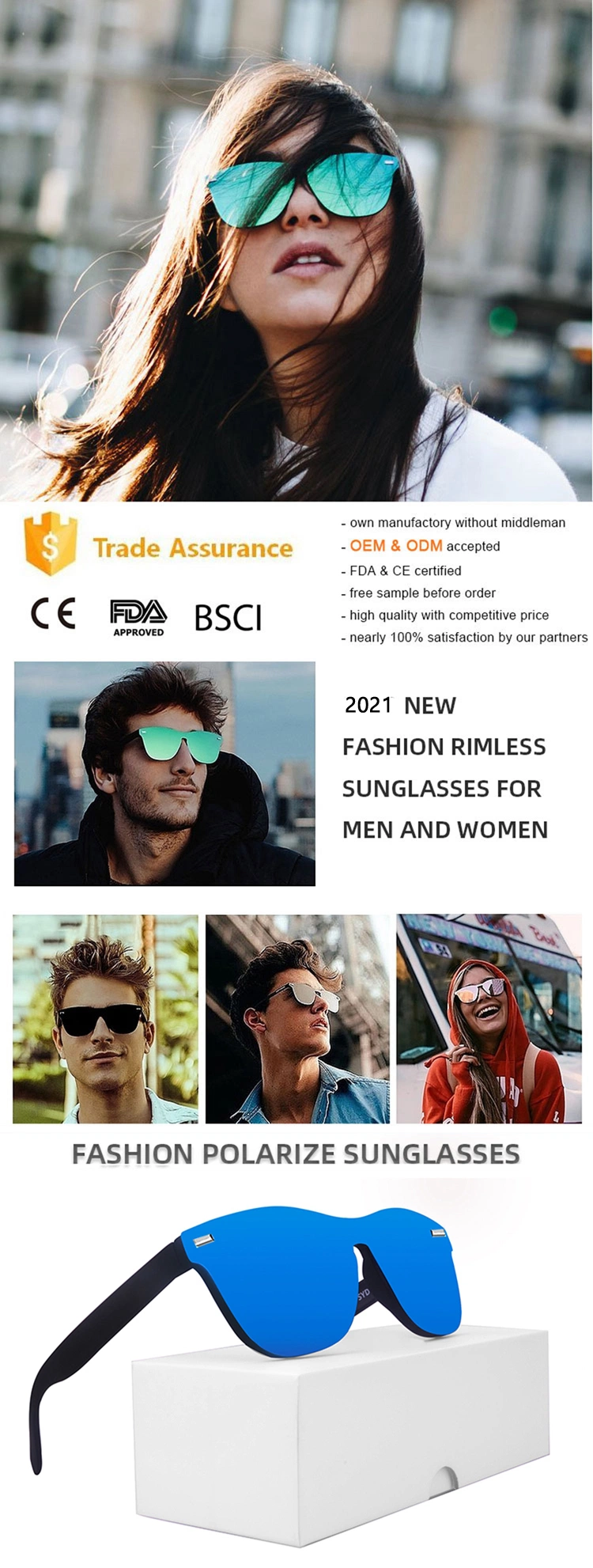 Usom UV400 Men&prime;s Glasses Classic Retro Brand Design Driving Rimless Polarized Sunglasses