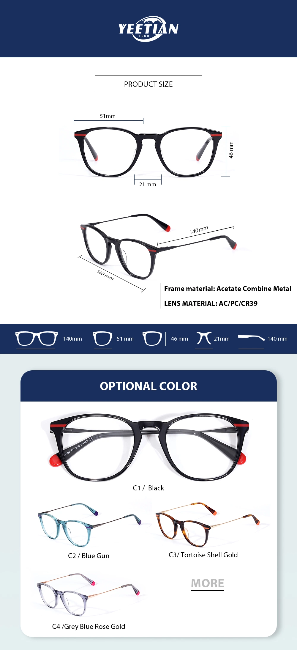 Yeetian YETO-212 Square Round Fashion Men Women Unisex Bio Acetate Spectacles Optical Frame
