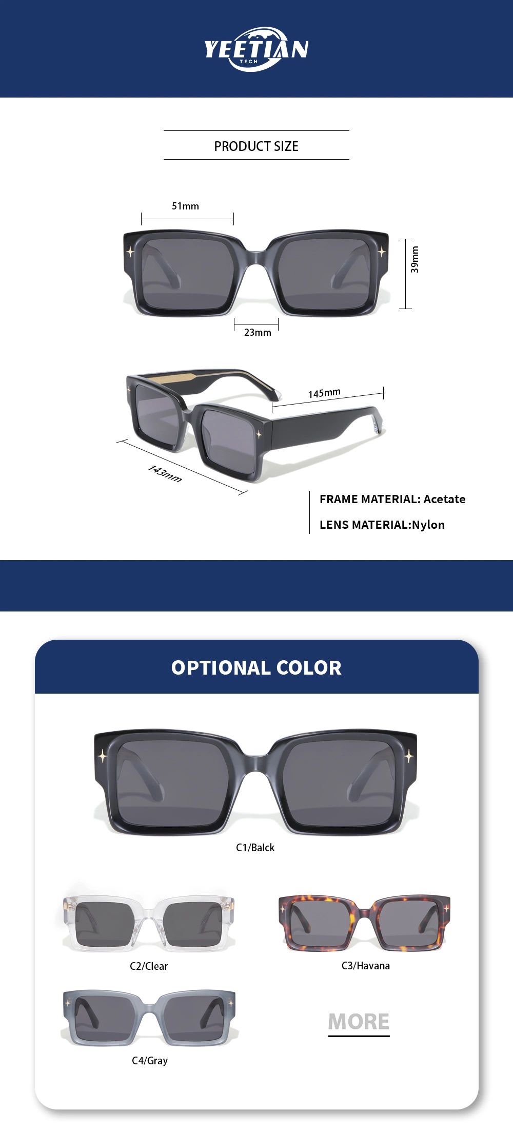 Yeetian Original Hot Shape Fashion Trendy Acetate Square Men Mazzucchelli Acetate Sunglasses