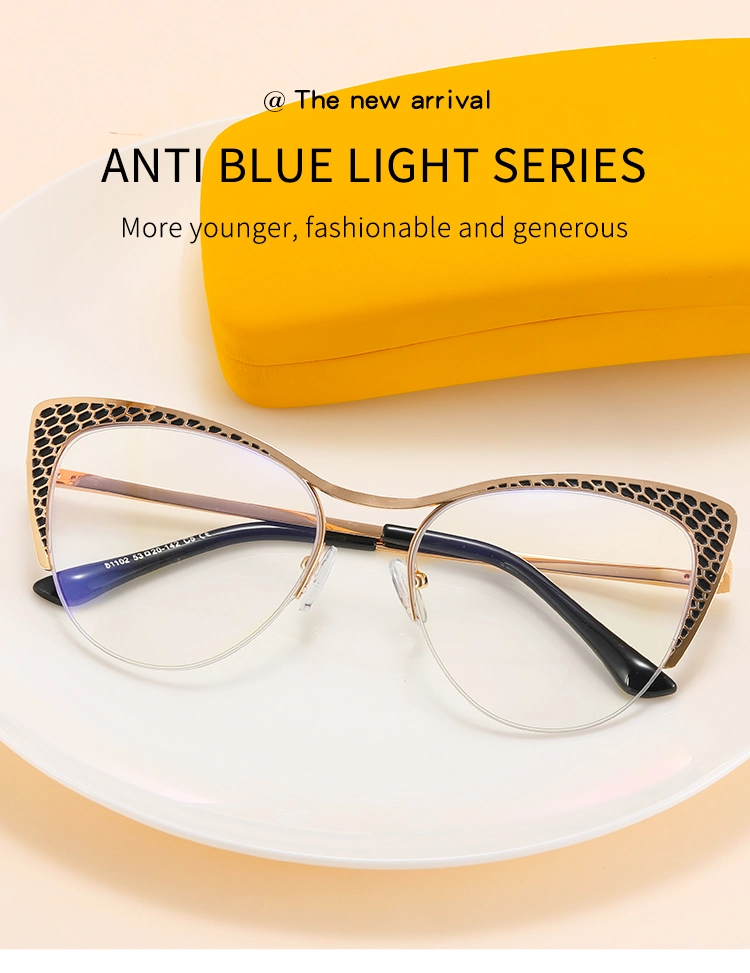 Wholesale New Cat Eye Metal Half Frame Fashion Women&prime;s Flat Light Mirror Blue Light Eye Protection Lens Frame Glasses