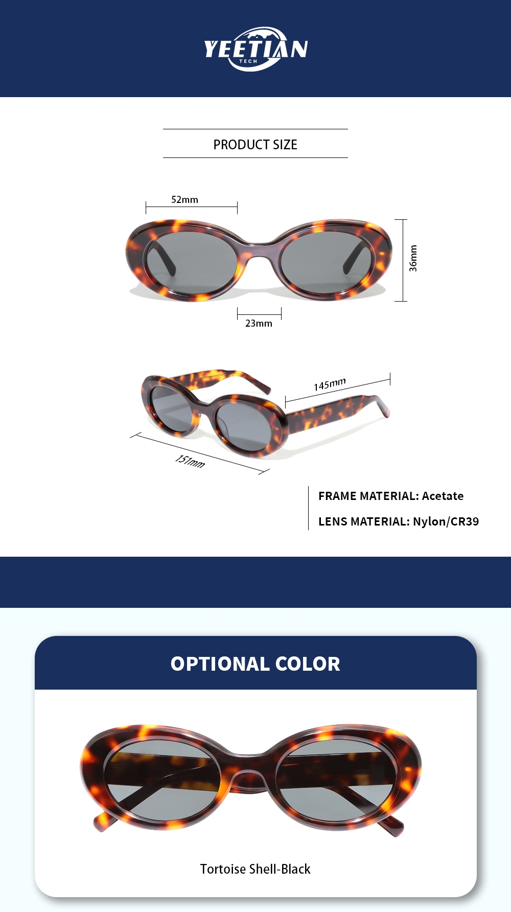 Yeetian Shade Luxury Brand Fashion Sun Glasses Retro Acetate Oval Womens Sunglasses