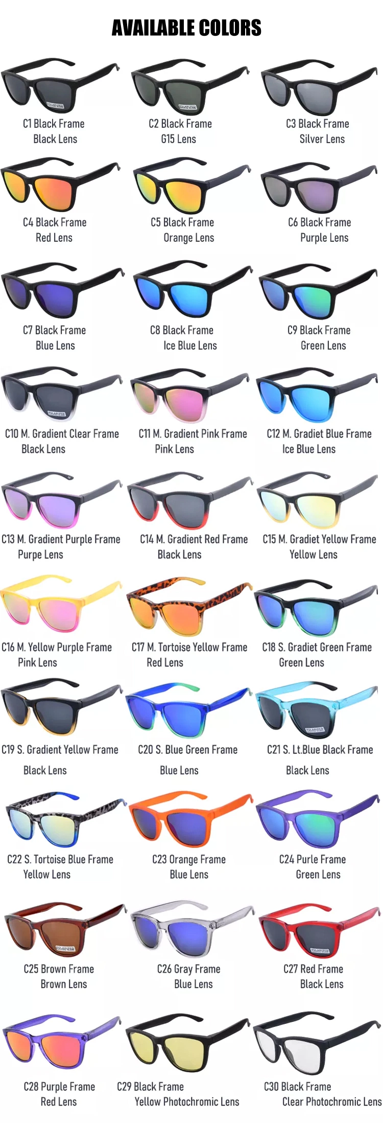 Wholesale Custom Logo Private Label UV400 Mens Women Shades Sun Glasses