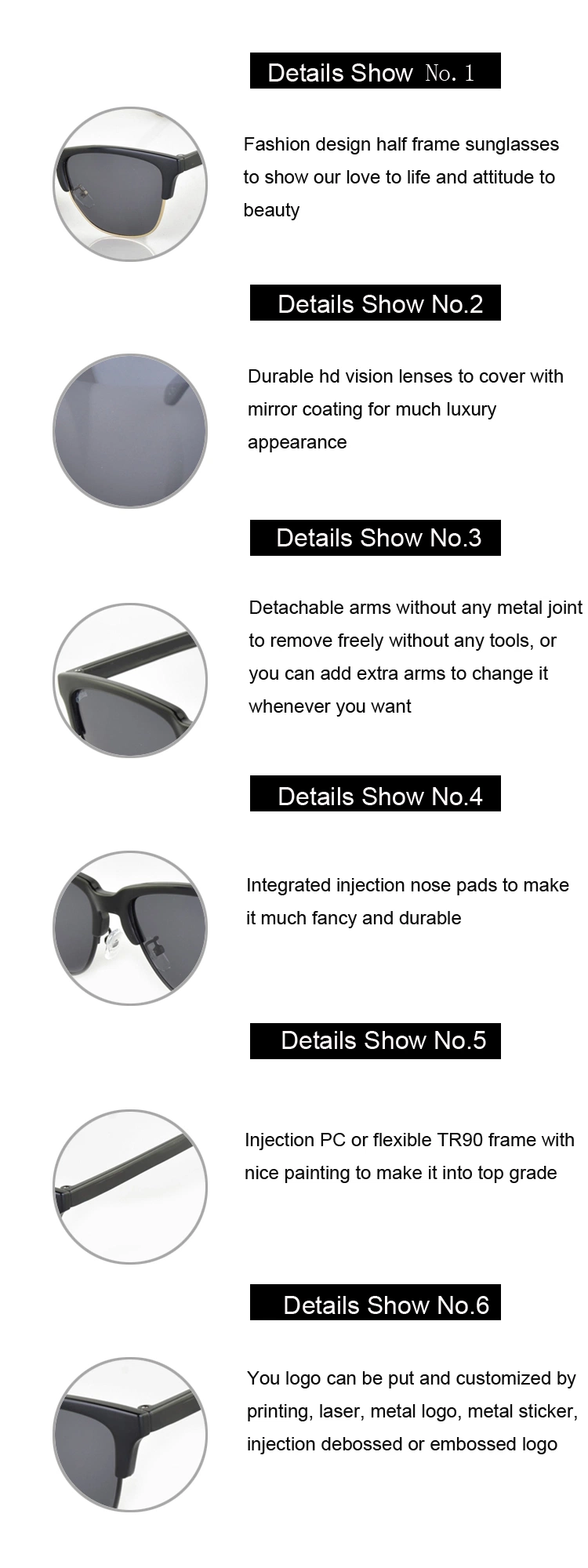 Half Rimmed Sunglasses Customized Polarized Sun Glasses Eyeglasses for Men