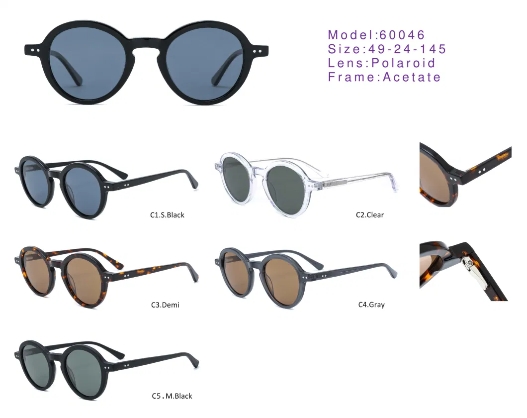 Round Shape Acetate Slim Frame Retro Classical Polarized Shades UV400 Sunglasses