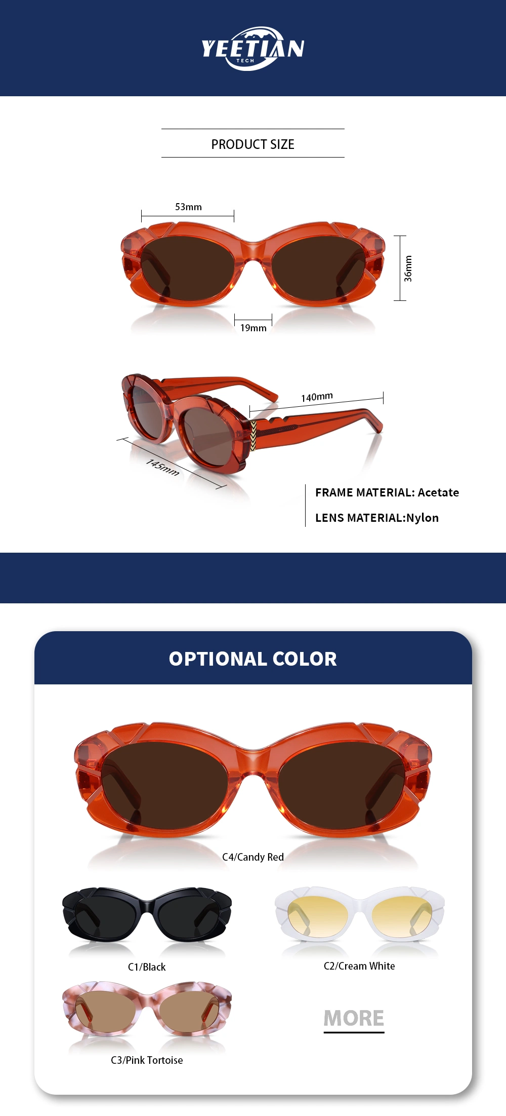 Yeetian Luxury Design Acetate Eyewear Vintage Women Ladies Candy Red Oval Sunglasses