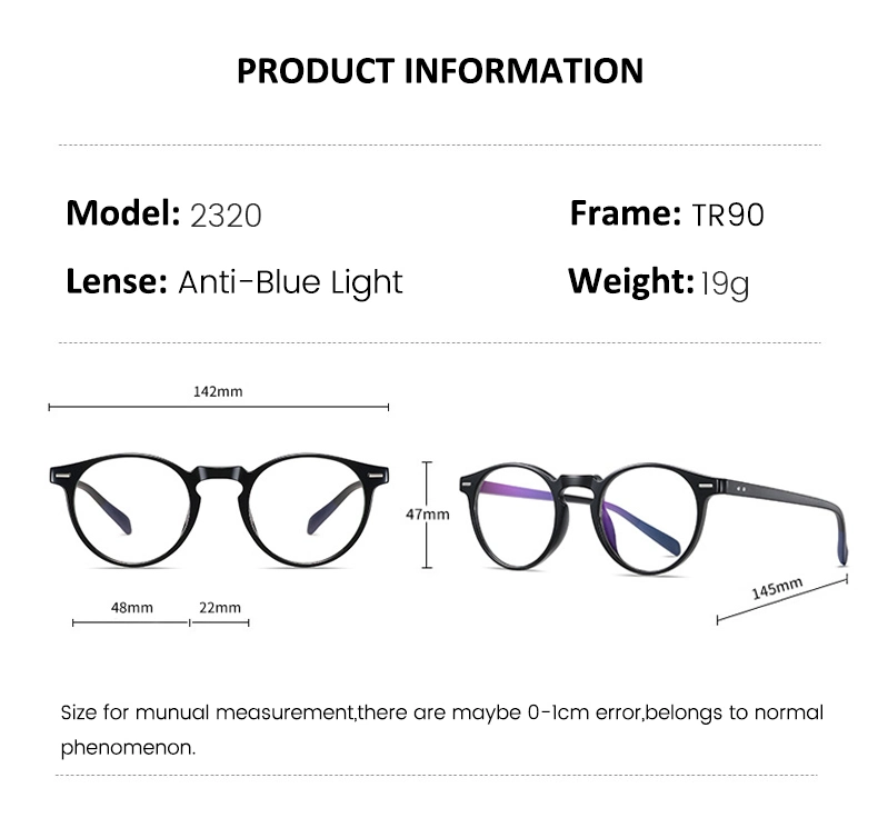 2023 Ready Stock Anti Radiation Lady Spectacle Optical Frames Tr90 Round Computer Blue Light Glasses for Men Women